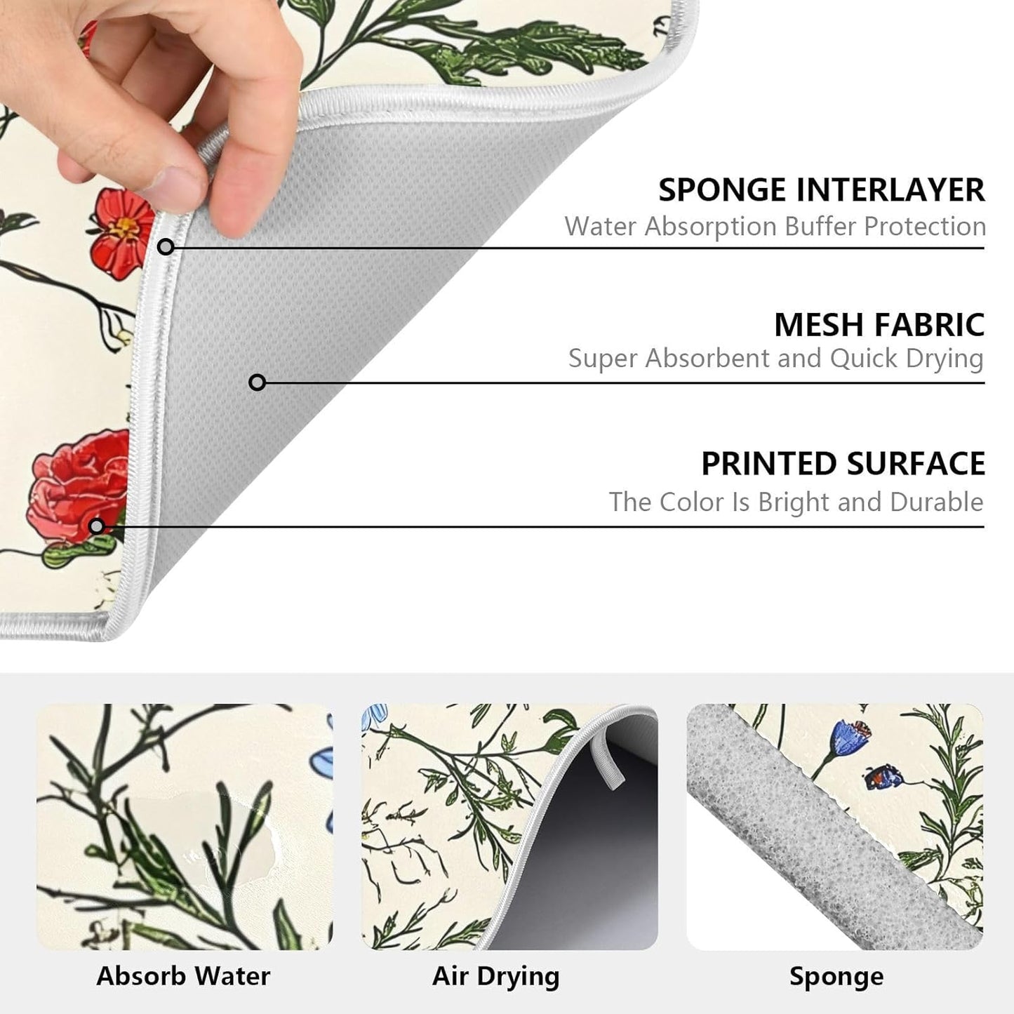 Butterfly Red Tulip Wildflower Dish Drying Mats for Kitchen Counter, 18x24 inch Drying Dishes Absorbent Microfiber Dish Drainer Mat Rack Pad Fast Dry