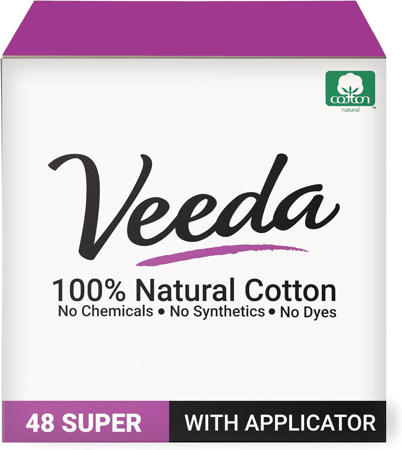 Veeda 100% Natural Cotton Non Toxic Tampons Super Absorbency, Leak Proof Protection - Compact BPA-Free Applicator - Unscented Organic Super Tampons For Women - No Chlorine & Toxins - 48 Count