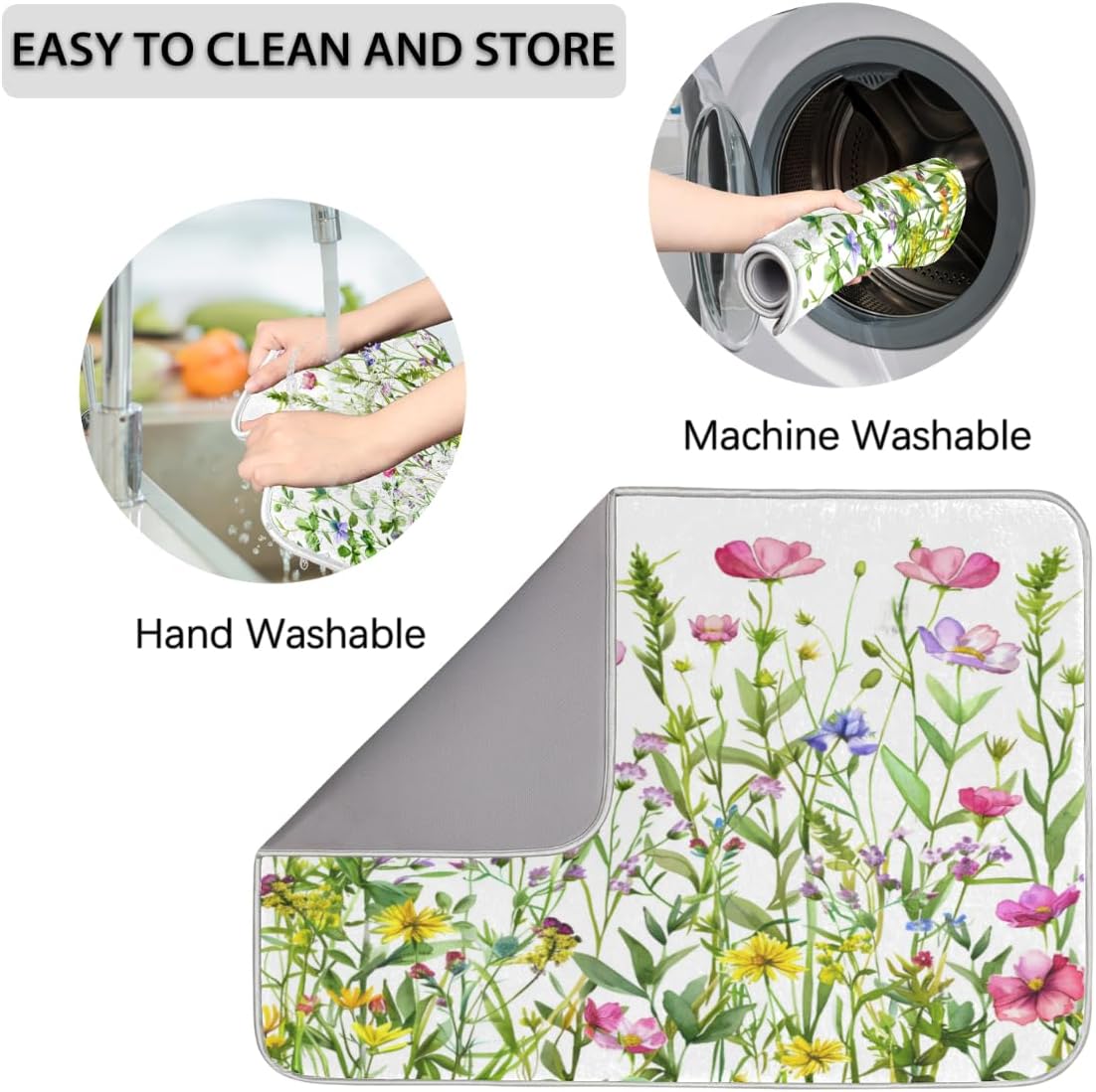 Hexteria Colorful Flowers Dish Drying Mats for Kitchen Counter 16 X 18 Inch Spring Floral Microfiber Dish Mat, Dish Drainer Mats for Countertops, Wildflower