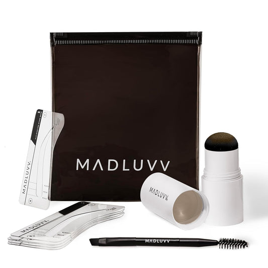 MADLUVV Brow Stamp Kit with Brow Stencils – Easy Eyebrow Shaper for Natural-Looking Brows – Popular Eyebrow Stencil Kit Used by Professionals – 9 Shapes, Spoolie, Travel Bag & Stamp (Blonde)