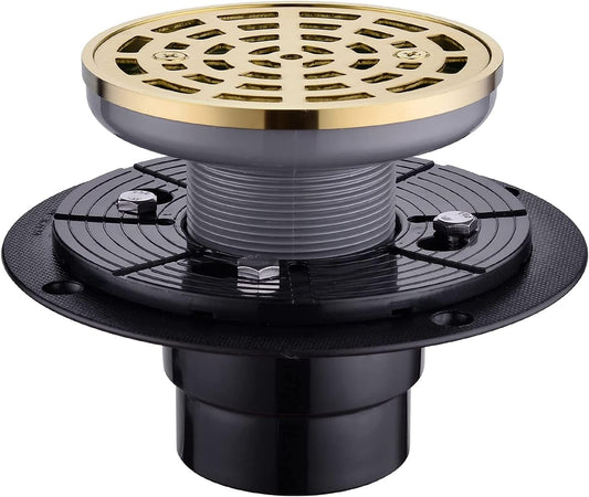RANDOM Round Shower Drain SUS304 Stainless Steel Brushed Gold Shower Drain 4 inch with Adjustable PVC Base Flange,Shower Floor Drain with Removable Cover Grid Grate