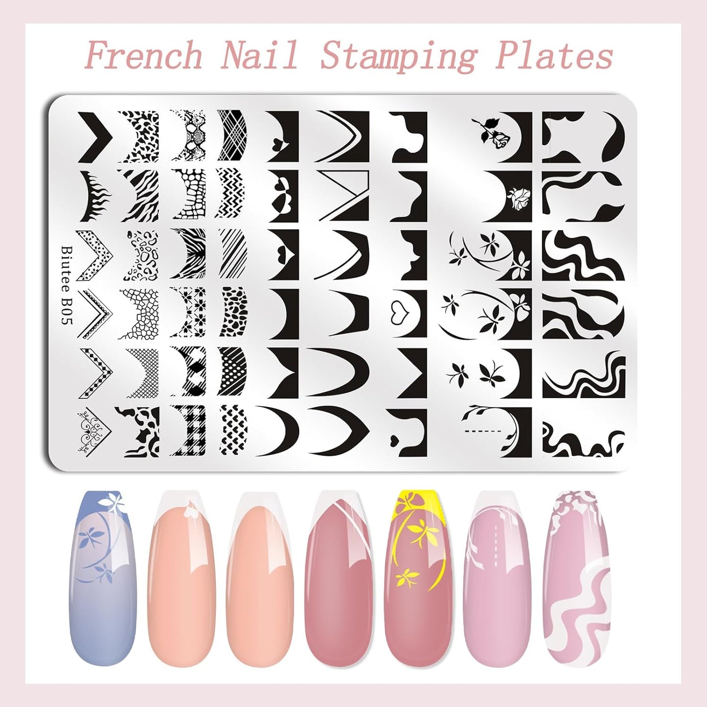 Biutee Nail Art Stamping Plate Set French Tip Nail Stamp Plate 2PCS French Line Lace Nail Stamping Kit with Silicone Nail Stamper Scraper Nail Stamp Template Kit Holiday Design for Manicuring DIY