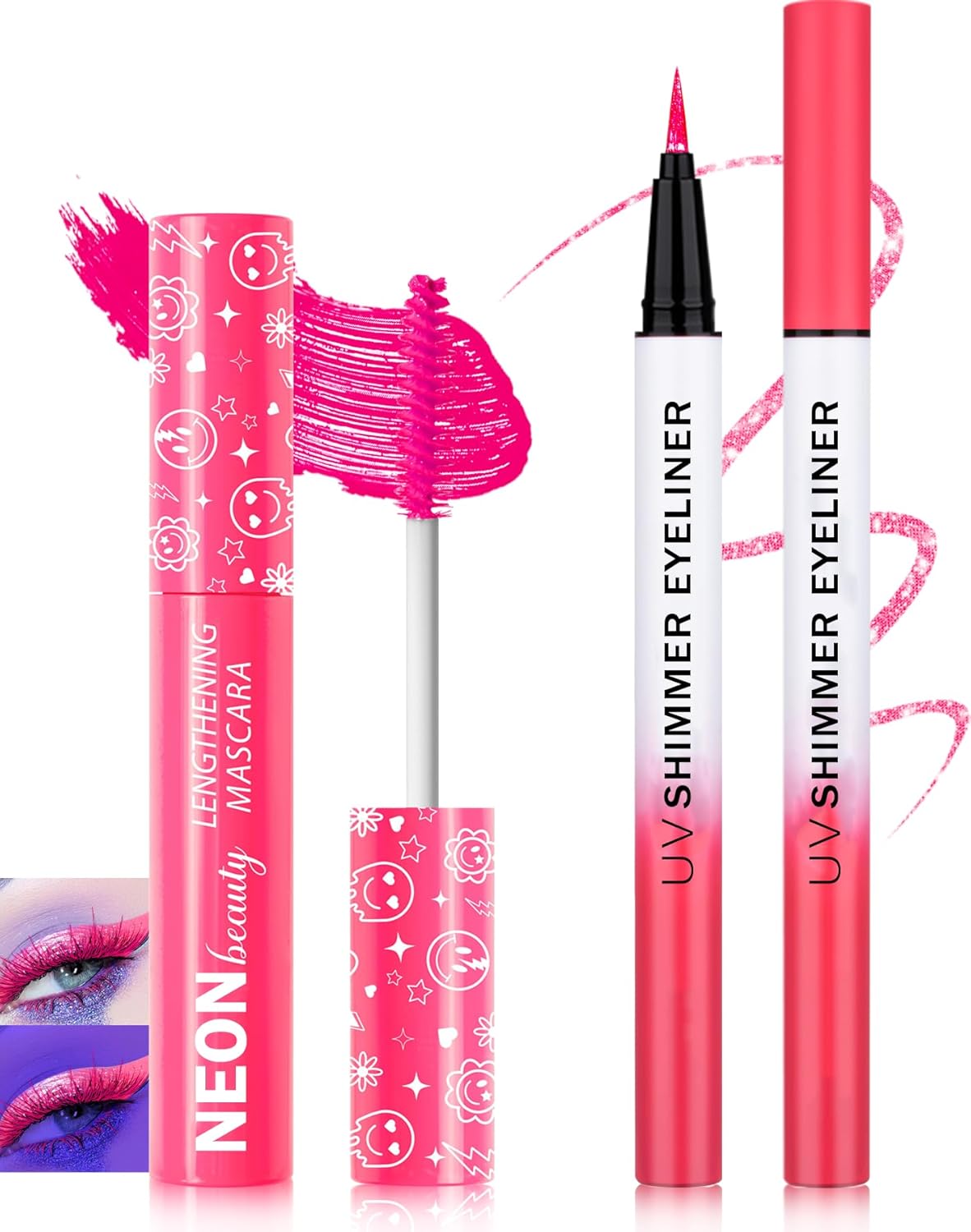 UV Neon Pink Mascara & Eyeliner Set, Waterproof Volumizing Colored Mascara Volume and Length for Lashes Lengthening, Long Lasting Glitter Liquid Eyeliner Pencil, Halloween Glow in the Dark Makeup-05