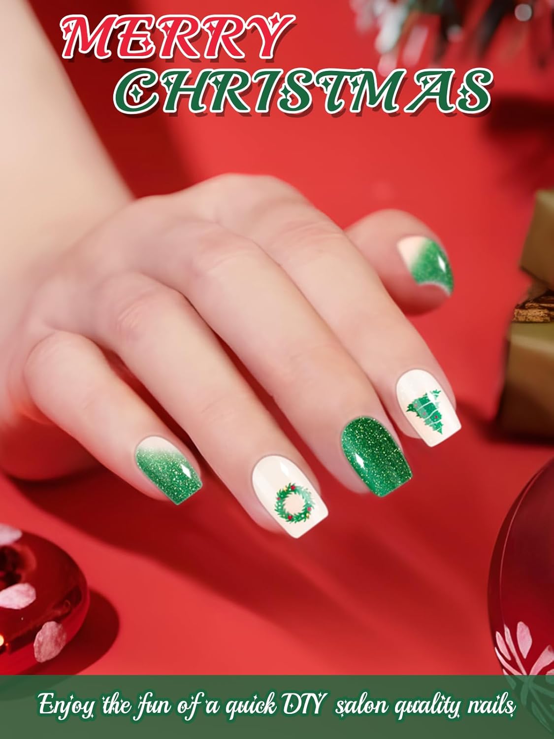 EBANKU 24PCS Christmas Semi-Cured Gel Nail Strips, Christmas Tree Christmas Wreath Adhesive Gel Nail Art Sticker, Waterproof Gel Nail Wrap Stickers with Nail File and Stick（UV/LED Lamp Required）