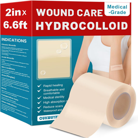 WUYUAN Hydrocolloid Roll for Wound Care, 2in*6.6ft Hydrocolloid Bandages with Self-Adhesive, Extra Large Hydrocolloid Patch Bandages Cut-to-Size, Ultra Absorbent, Waterproof
