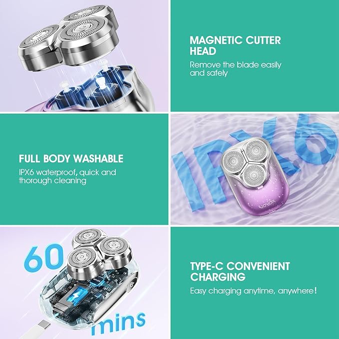 VOYOR Electric Razors for Women 3D Floating Blade Shaver for Women, Electric Shaver for Legs Bikini and Body Facial Hair Remover Women's Shavers Waterproof Women's Grooming ES310 (Purple)