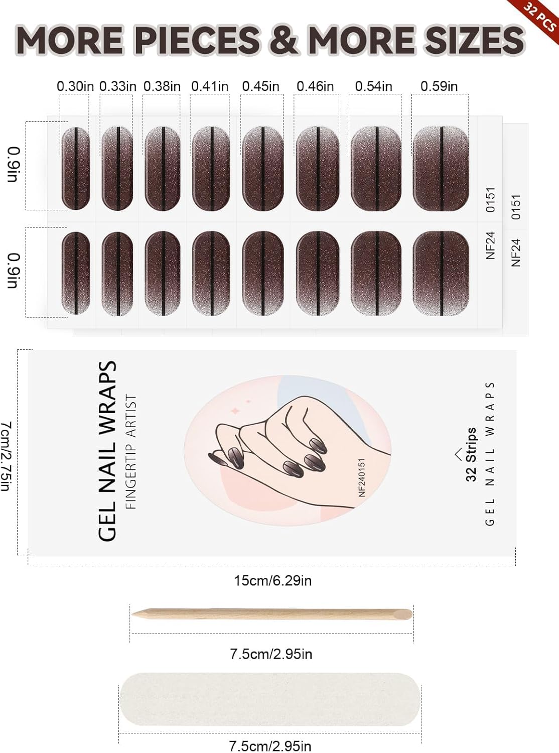 EBANKU 32PCS Semi-Cured Gel Nail Strips, Black, French Style, Plastic Material, UV/LED Curing, Nail Stickers