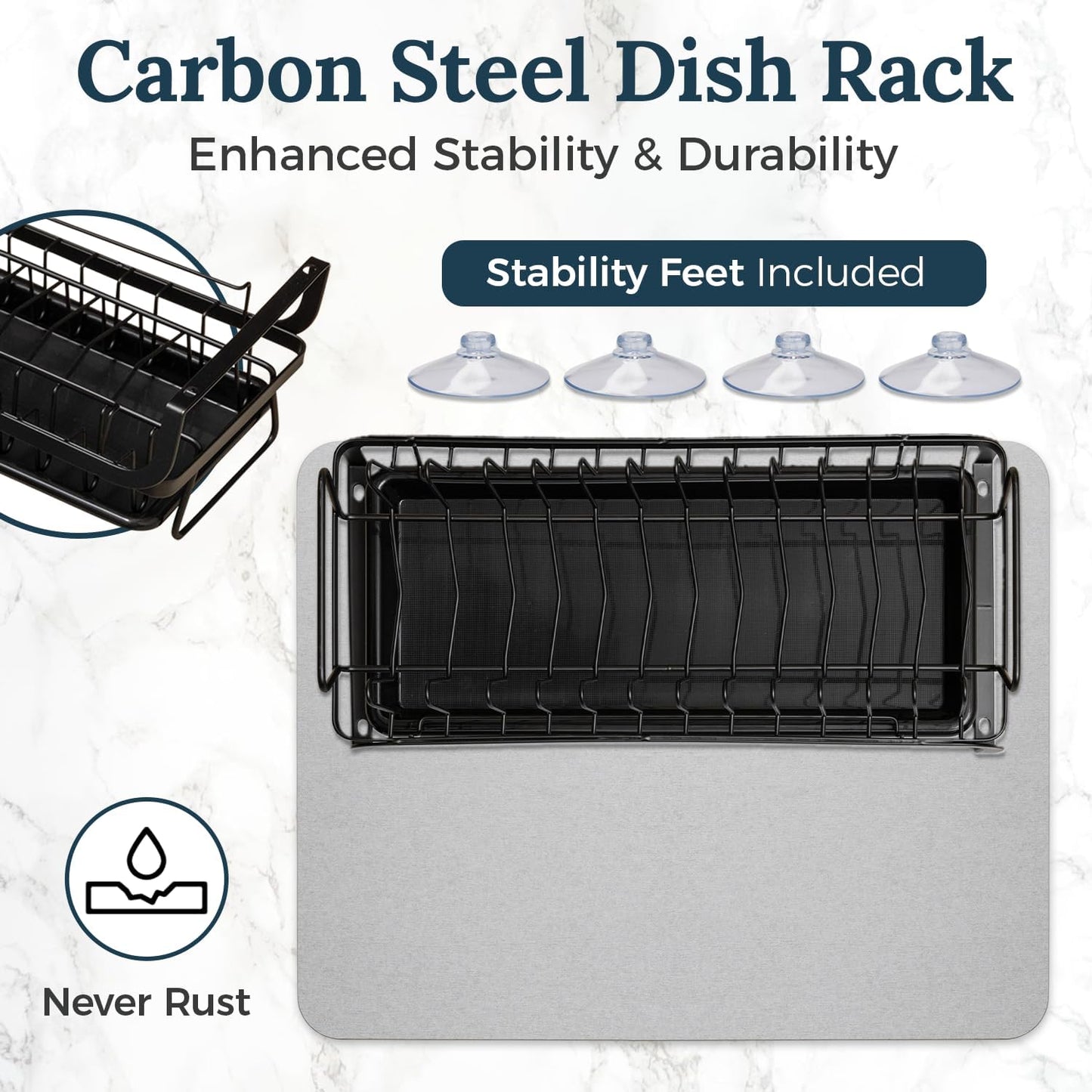 AquaTerra Diatomaceous Earth Drying Mat with Matching Sponge Caddy & Dish Rack | 3-Piece Set (Light Gray, Large) | Heat-Resistant & Multi-Purpose for Drying and Kitchen Organization