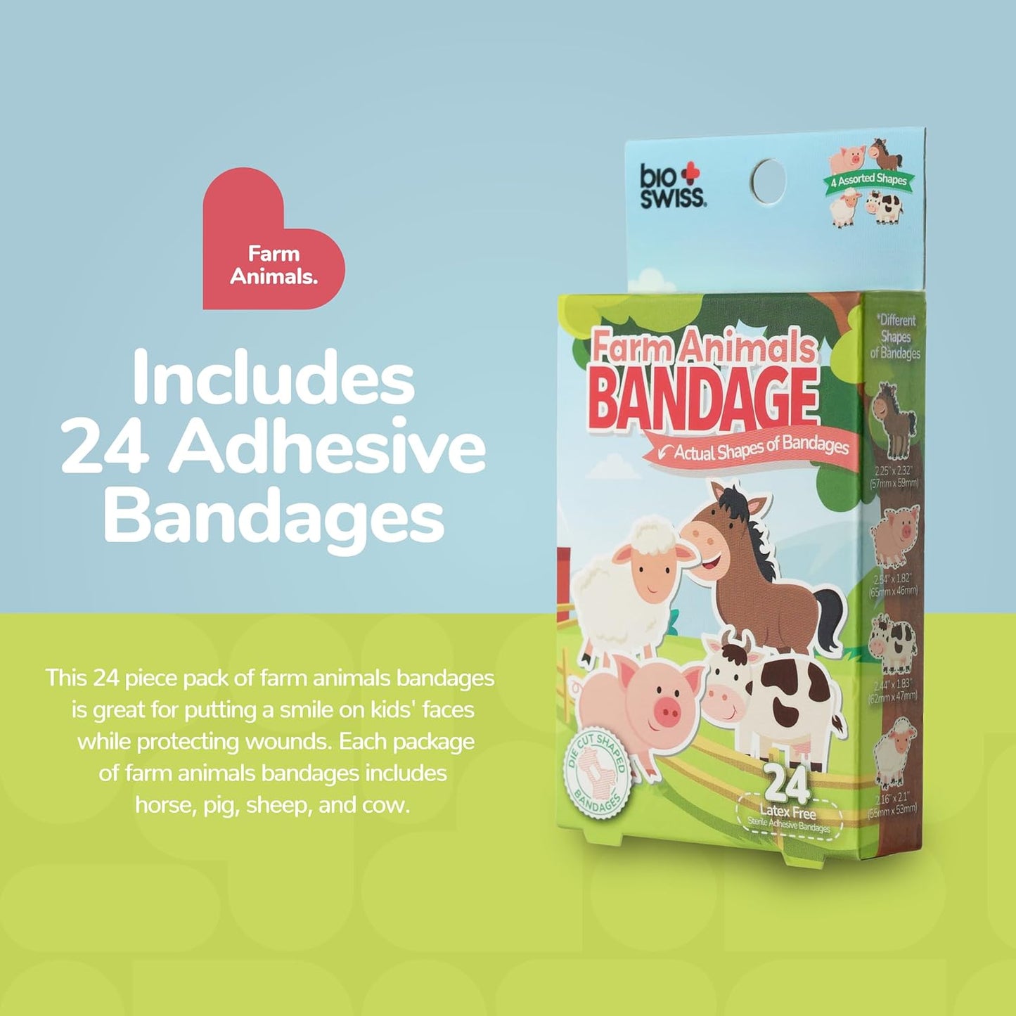 BioSwiss Kids Bandages, Farm Animal Shaped Self Adhesive Bandage Set, Latex Free, Sterile Wound Care, 24 Count