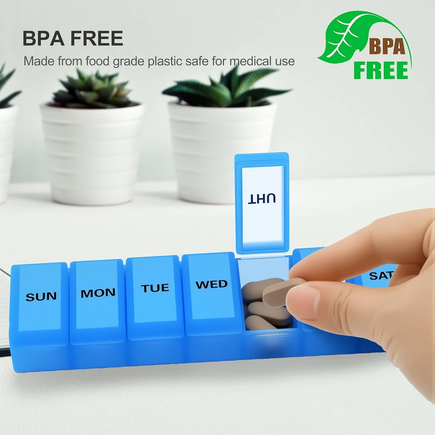 Silicone Weekly Pill Organizer 7 Day, Arthritis-Friendly Medicine Box Daily Pill Box, Large Medicine Case with Shell, Compact Travel Pill Container for Pill, Vitamin, & Fish Oil (Blue)