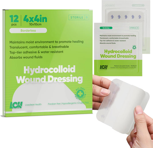 12 CT 4" x 4" Hydrocolloid Bandages Large - Sterile Colloidal Bandages - Adhesive Hydrocolloid Wound Dressing - Individually Packed Extra Large Patches for Wounds, Blisters and Bed Sores