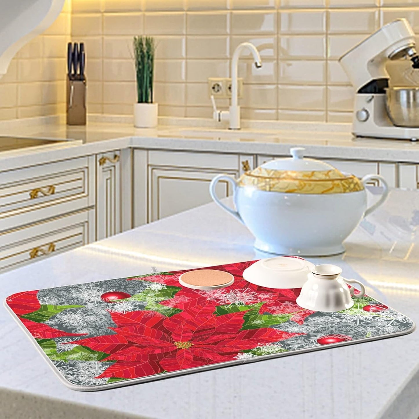 Happy Holidays Poinsettias Flower Christmas Microfiber Dish Drying Mat 18'' x 24'' for Kitchen Counter Drying Pad Dish Drainer Mats Absorbent Dish Draining Mat Extra Large