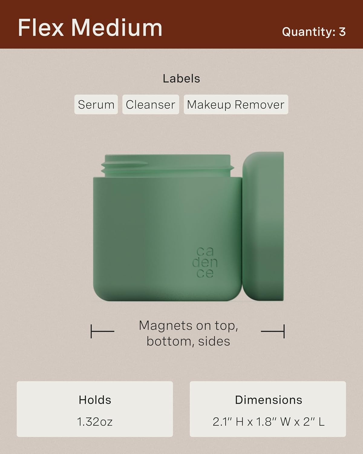 Cadence Travel Containers - Core Skincare Set - Magnetic Containers with Lids,2 Small (0.56oz) & 3 Medium (1.32oz) - Cleanser, Moisturizer, Serum, Makeup Remover & Sun Icon Labels - Evergreen