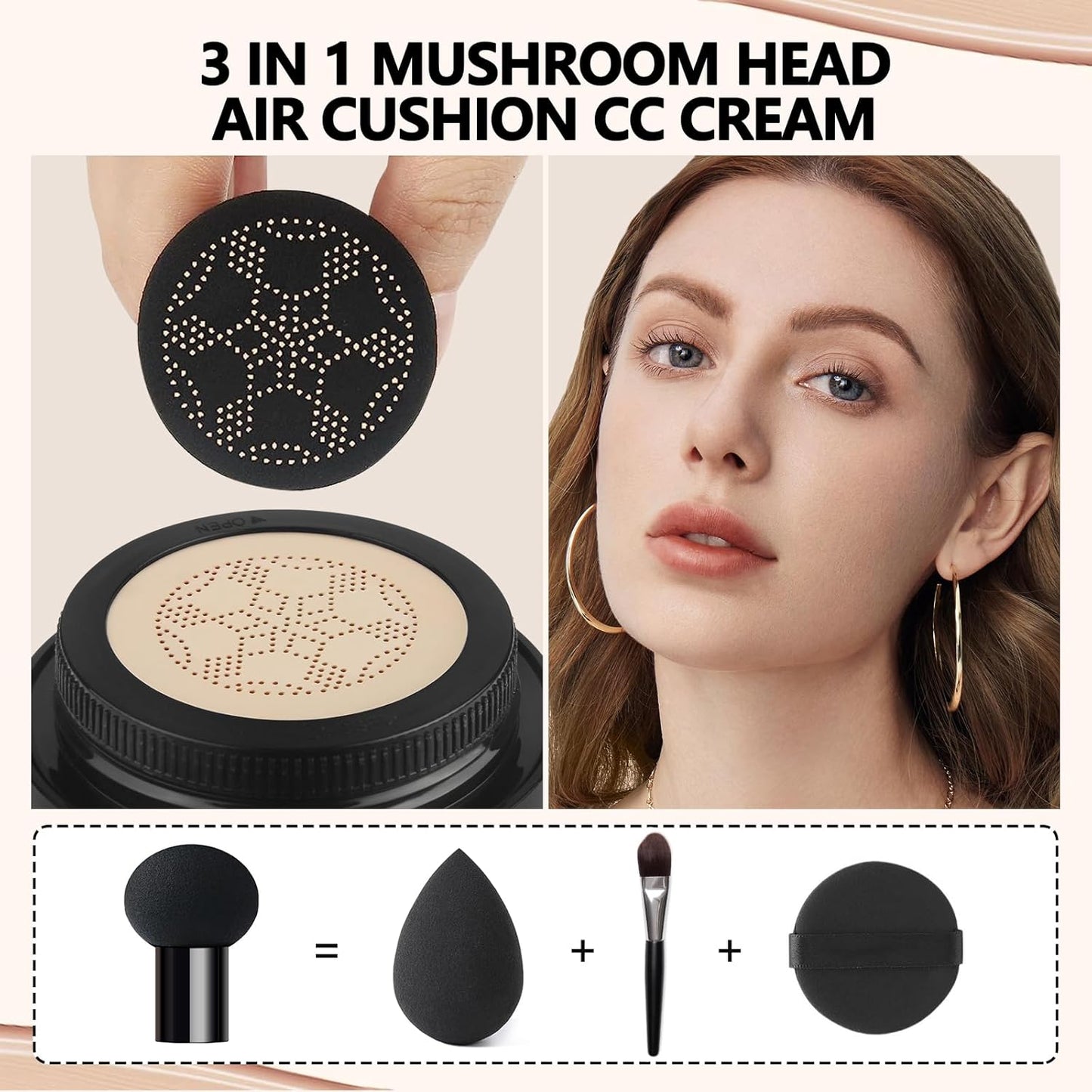 Mushroom Head Air Cushion CC Cream Full Coverage,Face Makeup Cushion Foundation Long Lasting,BB Cream Even Skin Tone for Oily & Combination Types (#04 Buff Beige)