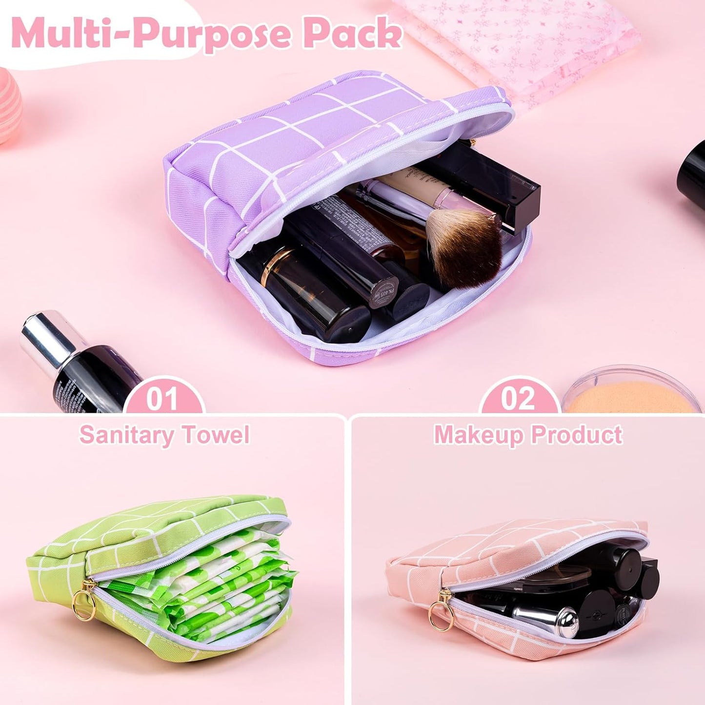Desing Wish Period Bag Pouch Soft Cloth Sanitary Napkin Storage Bag Portable Menstrual Pad Pouches Tampon Holder for Purse First Period Kit for Girls 9-12 (Rose-Pink Check)