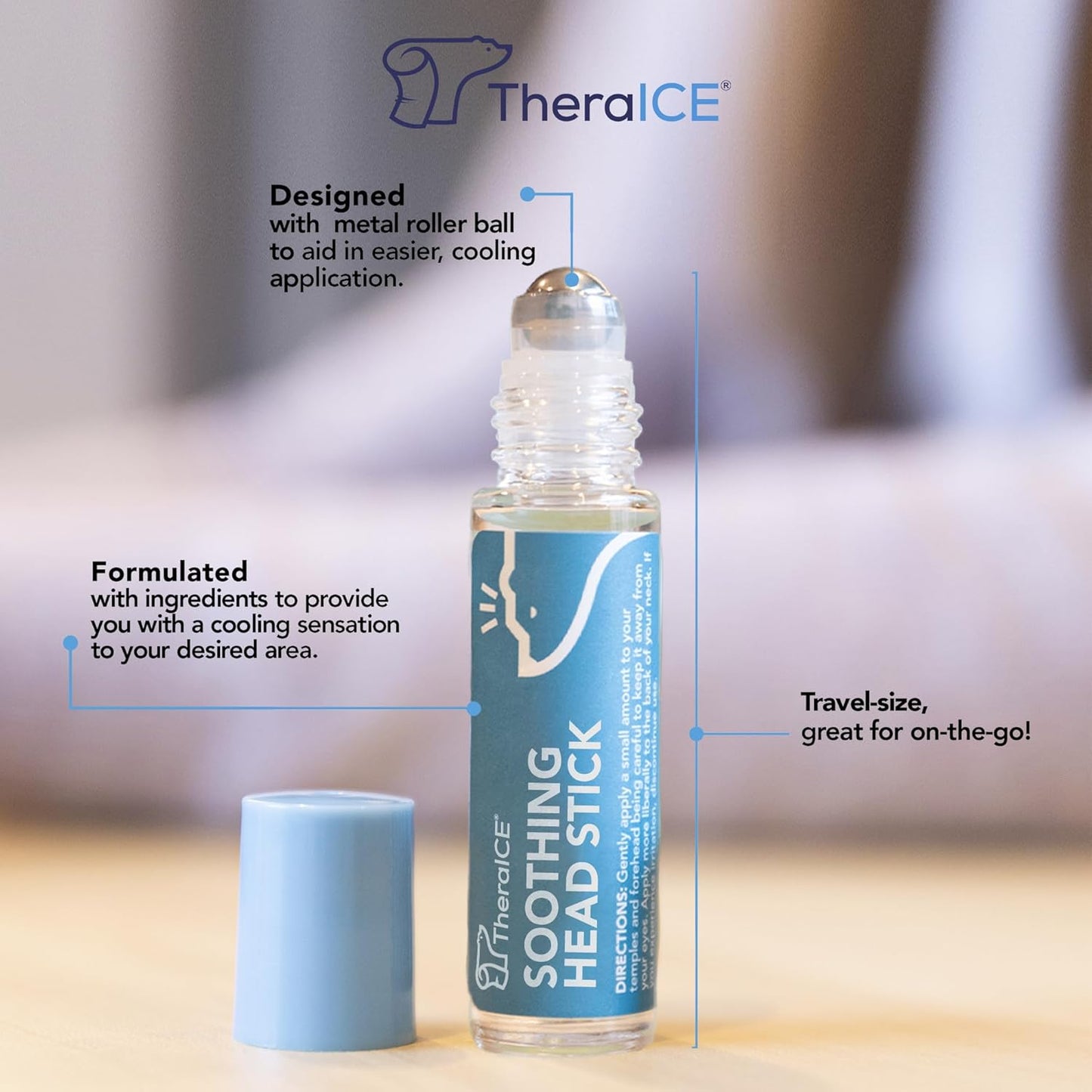 TheraICE Soothing Head Stick 10 ml (.33-Oz) Essential Oil Roll on Aromatherapy: Peppermint, Spearmint, Lavender, Chamomile, Rosemary, Eucalyptus. Metal Roller. USA Made