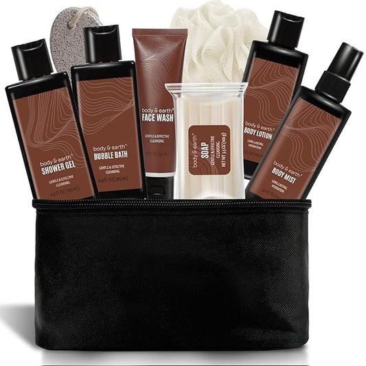 Bath and Body Gift Baskets for Men Body & Earth Sandalwood Mens Bath Set with Body Lotion, Face Wash, Shower Gel, Bubble Bath, Loofah & More, Gift Set for Men,regalos para hombre,Christmas Gifts