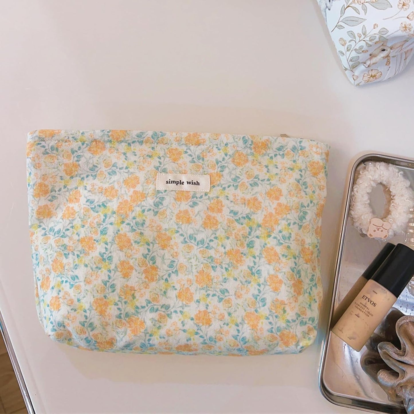 Wudygirl Aesthetic Cosmetic Bag Travel Toiletry Bag Makeup Bag Canvas Makeup Pouch Toiletry Bag for Women Large Capacity Makeup Bag Floral Pencil Pouch with Zipper (Yellow Floral)