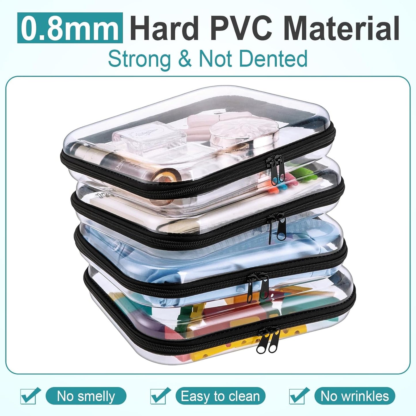 Sanwuta 6 Pcs Clear Hard Zipper Case Pencil Pouches Hard Plastic Zipper Pouches Makeup Bag Transparent Cases for Snacks Plastic Storage Organizer Box for Travel(Black,9.84 x 7.87 x 2 Inch)