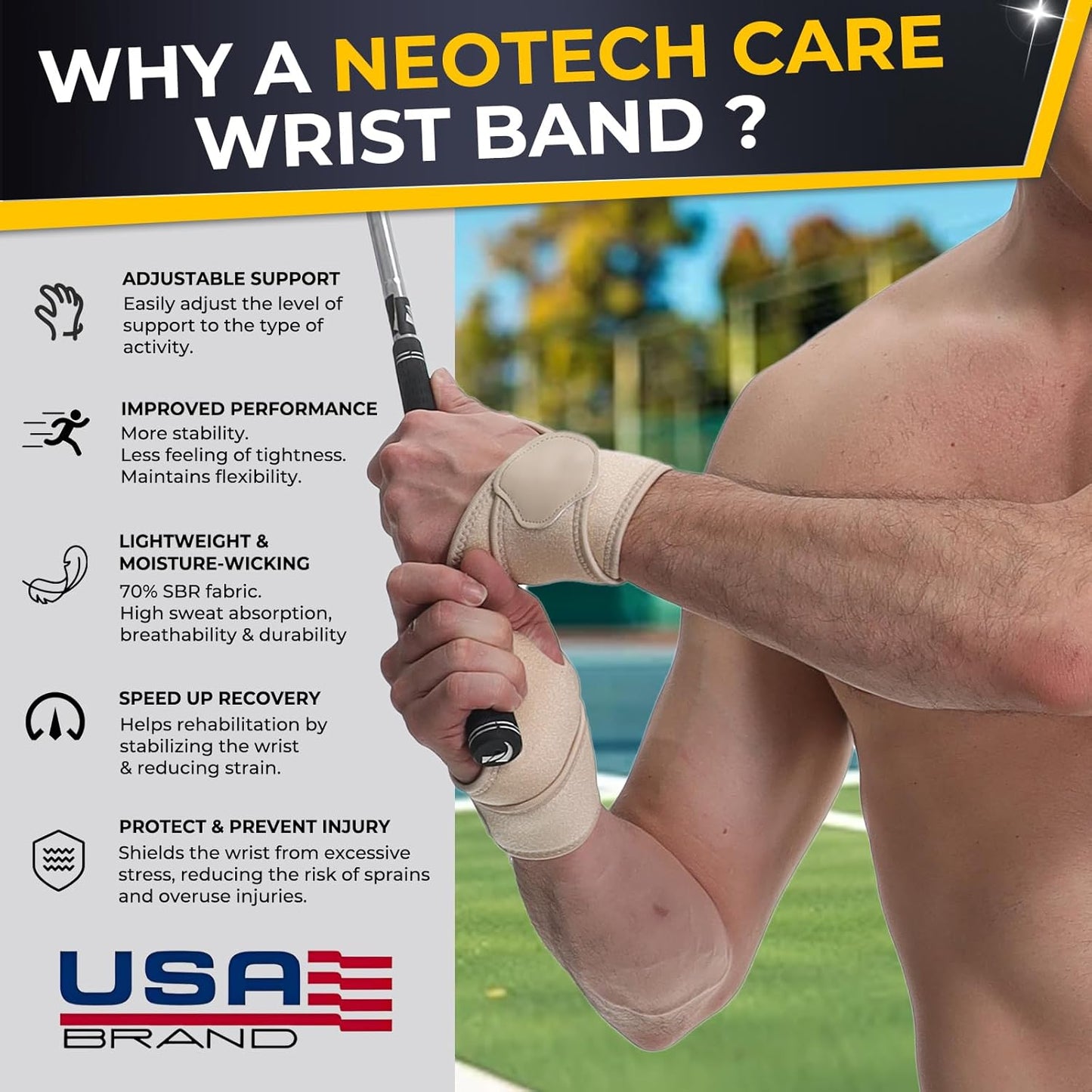 NeoTech Care Wrist Band - Elastic & Breathable Fabric - Adjustable Compression Strap - Men, Women, Right or Left - Support Wrap for Protection or Sports (Beige Color, Size M, 1 Unit)