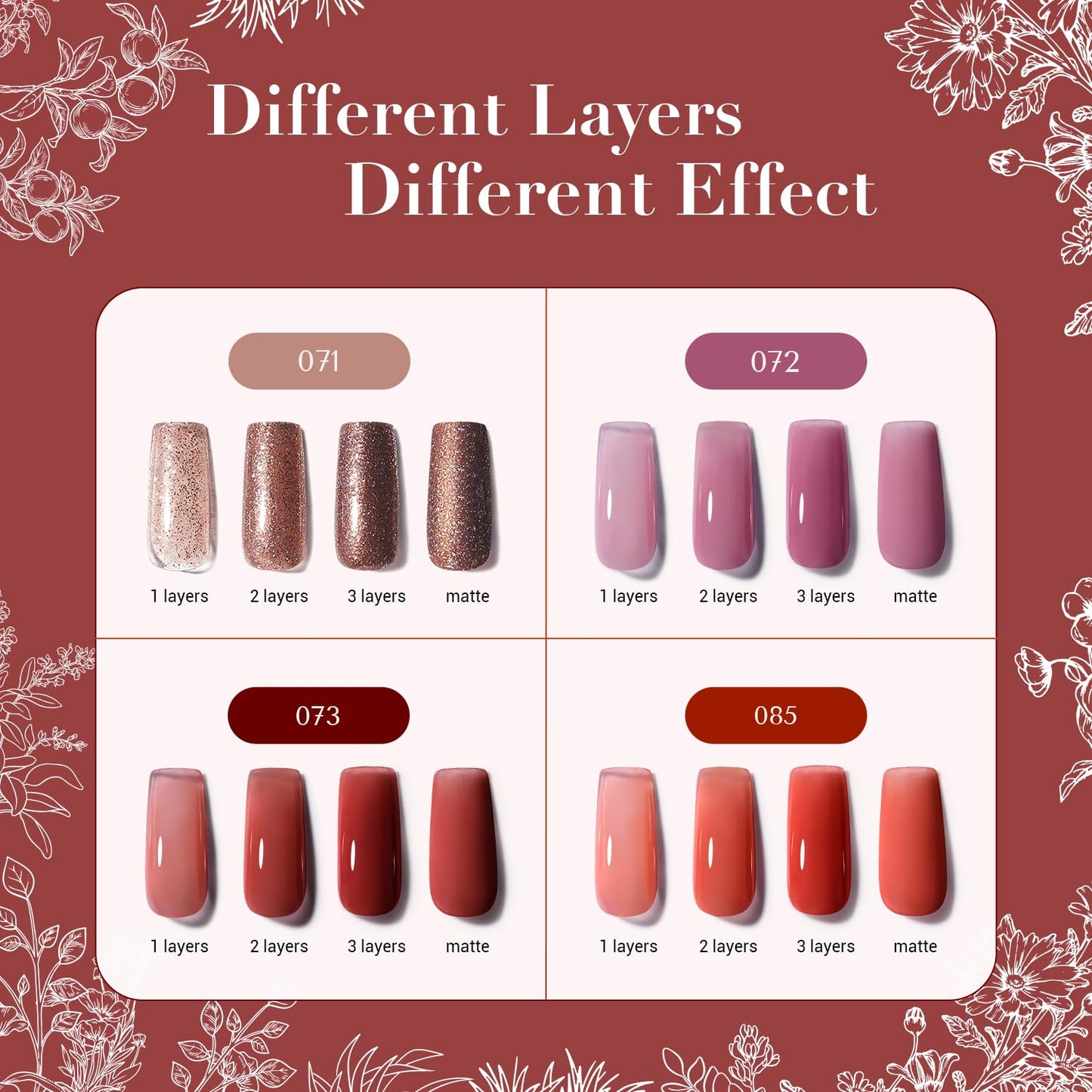 AZUREBEAUTY Nail Polish Set, 4 Colors Rose Red Purple Glitter Quick Dry Natural Nail Lacquer Strengthening Treatment Kit with Top Coat DIY Salon at Home