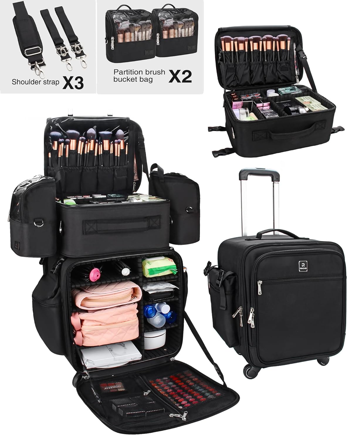 Relavel Rolling Makeup Case Professional Makeup Train Case Makeup Artist Travel Organizer 4 in 1 with Detachable Cosmetic Case and Dual Makeup Brush Case and Wheels (Black, 4-Pack)