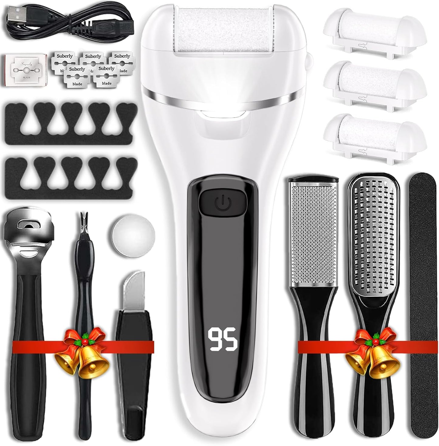 Electric Callus Remover for Feet with 3 Roller Heads 2 Speed Rechargeable Waterproof Professional Pedicure Kit 17 in 1 Foot File Tools Perfect for Dead Hard Cracked Dry Skin