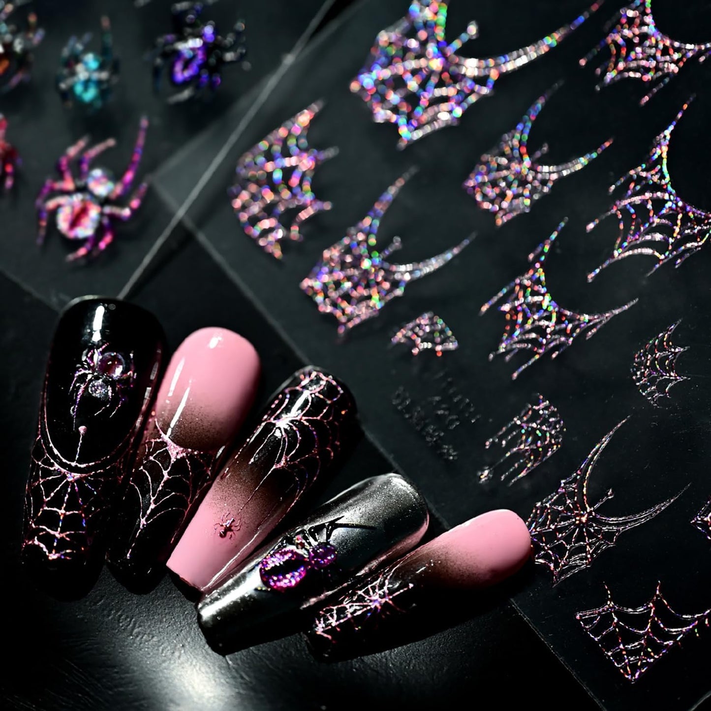 1 Sheets Halloween Nail Stickers for Nail Art 5D Self-Adhesive Embossed Spider Web Nail Art Stickers with Glitter Pink Spider Web Nail Decals Halloween Nail Design Sticker for Women DIY Manicure