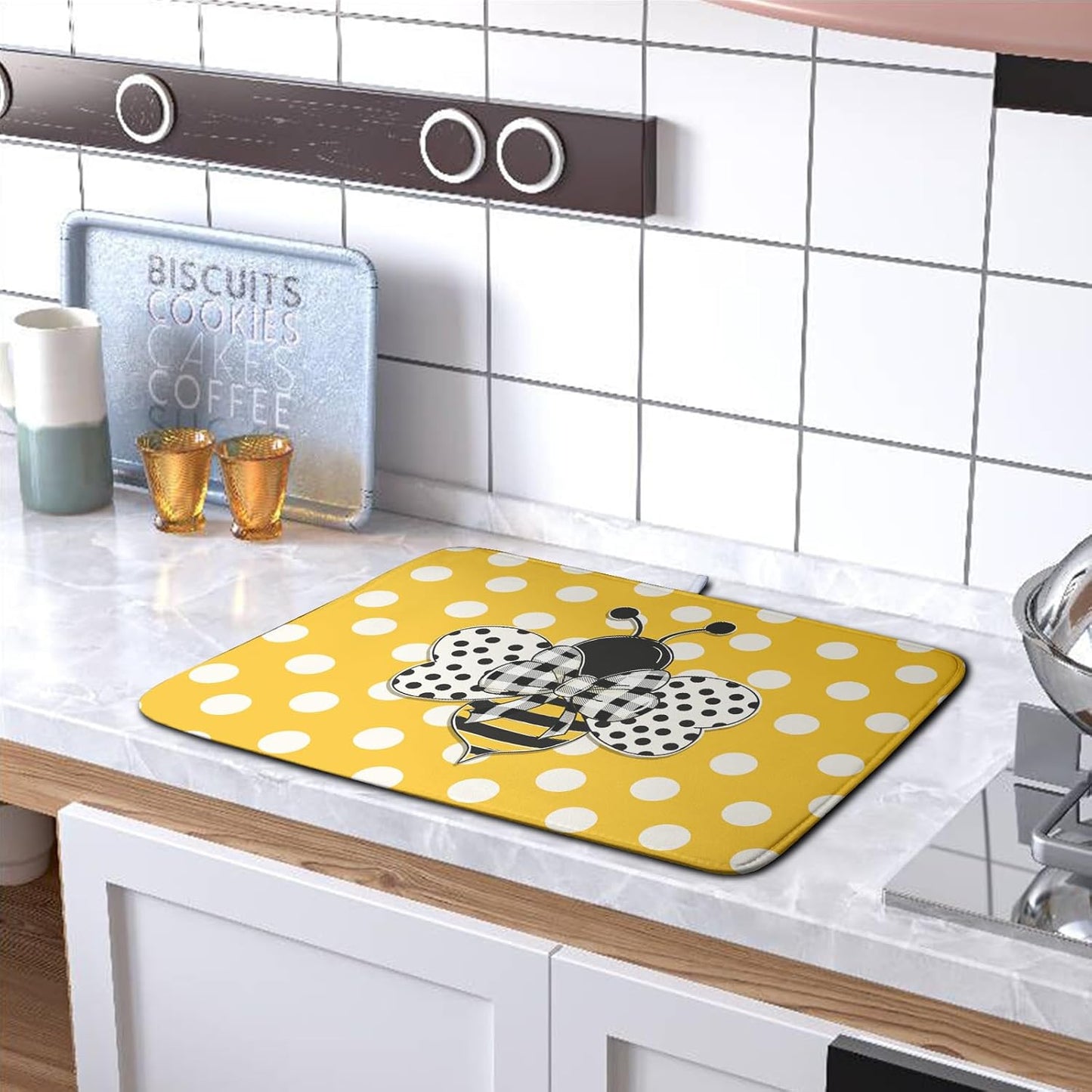 Bee Dish Drying Mat for Kitchen Counter 18x24 Inch Yellow Bumblebee Polka Dots Dishes Pad Cute Honey Bees Dish Draining Microfiber Absorbent Dish Drainer Rack Mat Large Kitchen Accessories