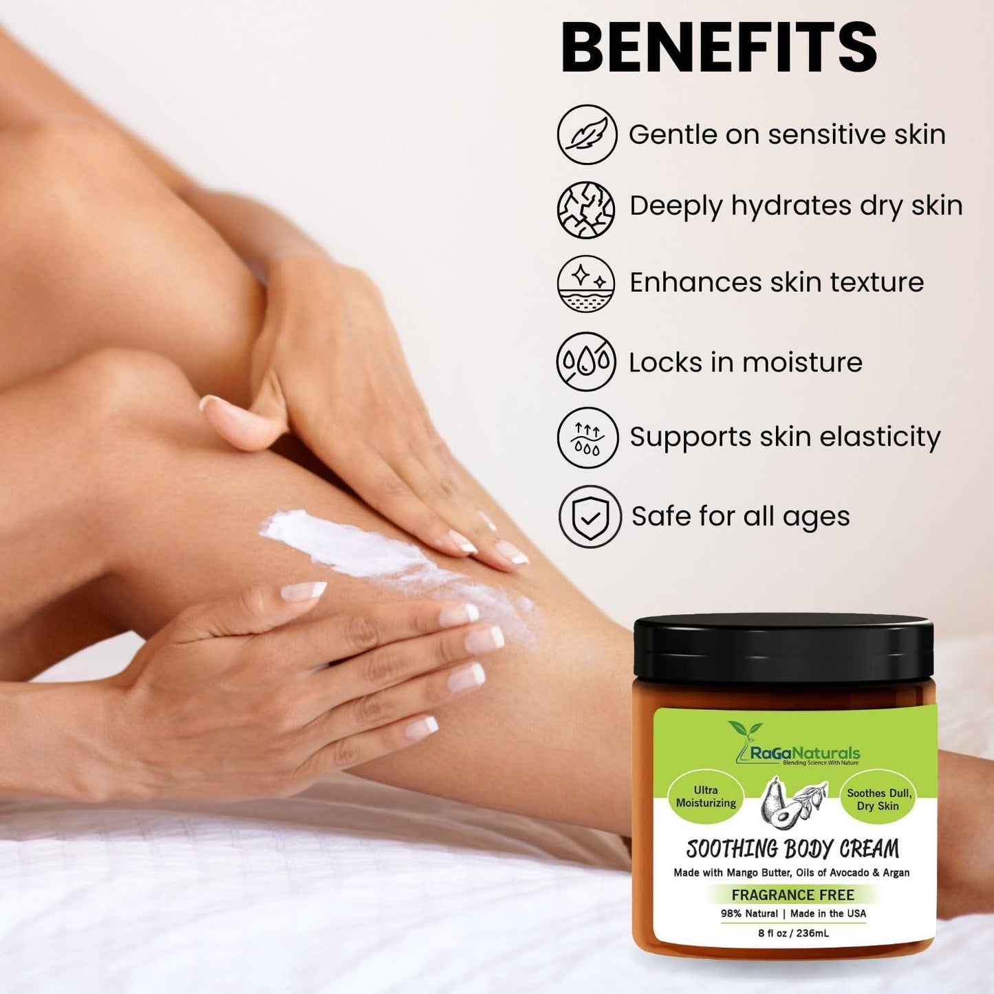 RaGaNaturals Mango Butter Moisturizing Hand & Body Cream for Dry to Very Dry, Sensitive Skin - Natural Vitamin E Face Cream - Non-Comedogenic, Unscented Lotion for Dry Skin for Women, Men, Baby - 8 Oz