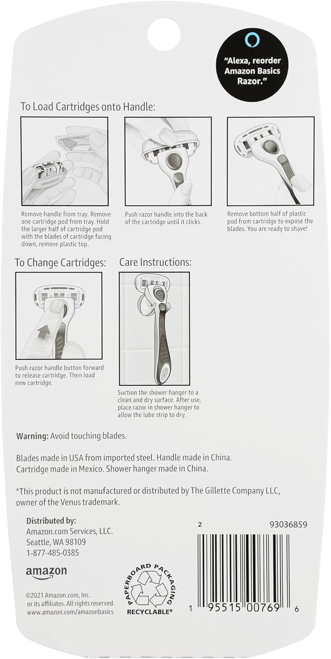 Amazon Basics 5-Blade Razor for Women, Handle, 2 Cartridges & Shower Hanger (Cartridges fit Amazon Basics Razor Handles only) (Previously Solimo)