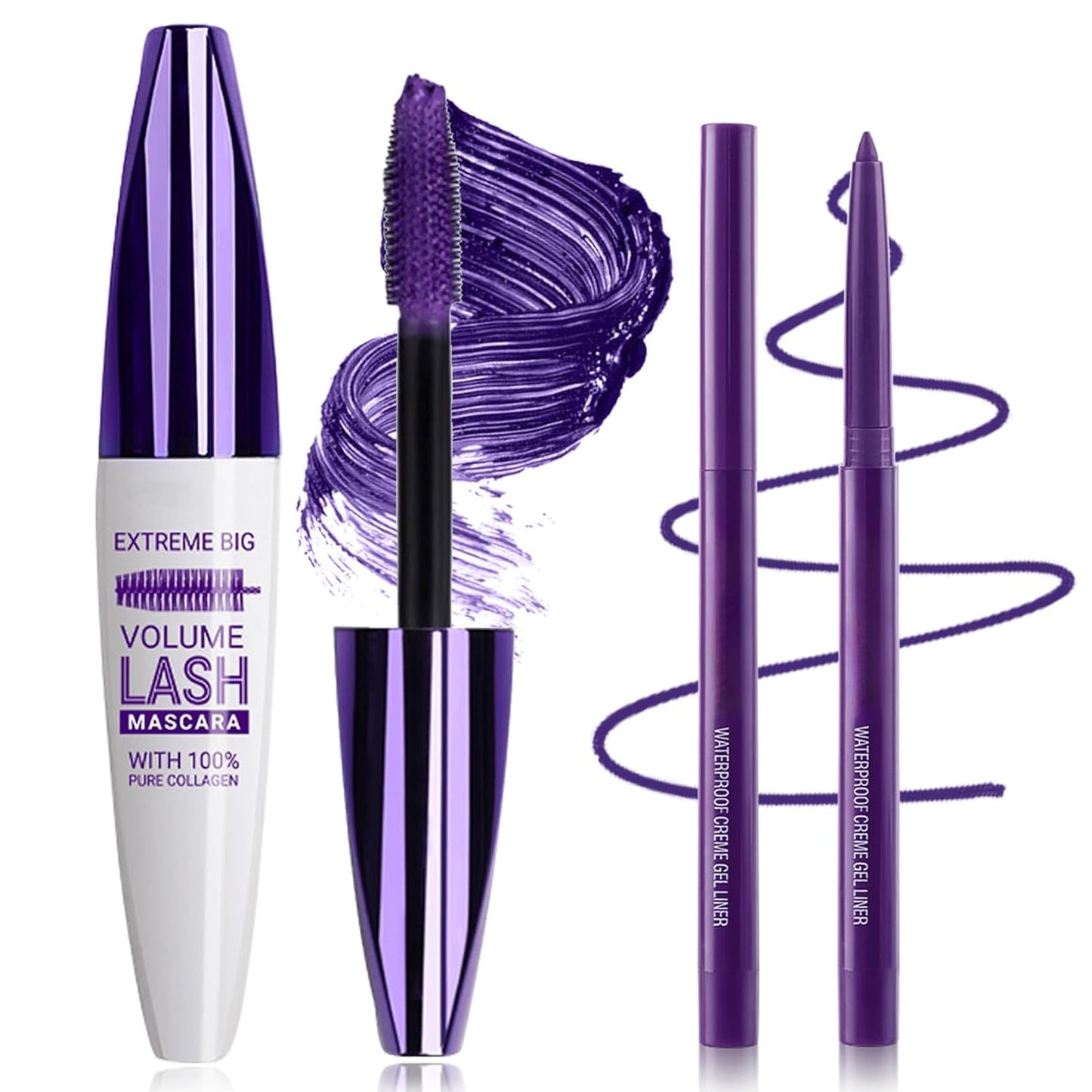Purple Mascara and Eyeliner Set, 5D Colored Volume and Length Waterproof, Purple Mascara for Eyelashes, Natural Lengthening Curling, Suitable for All Skin Types