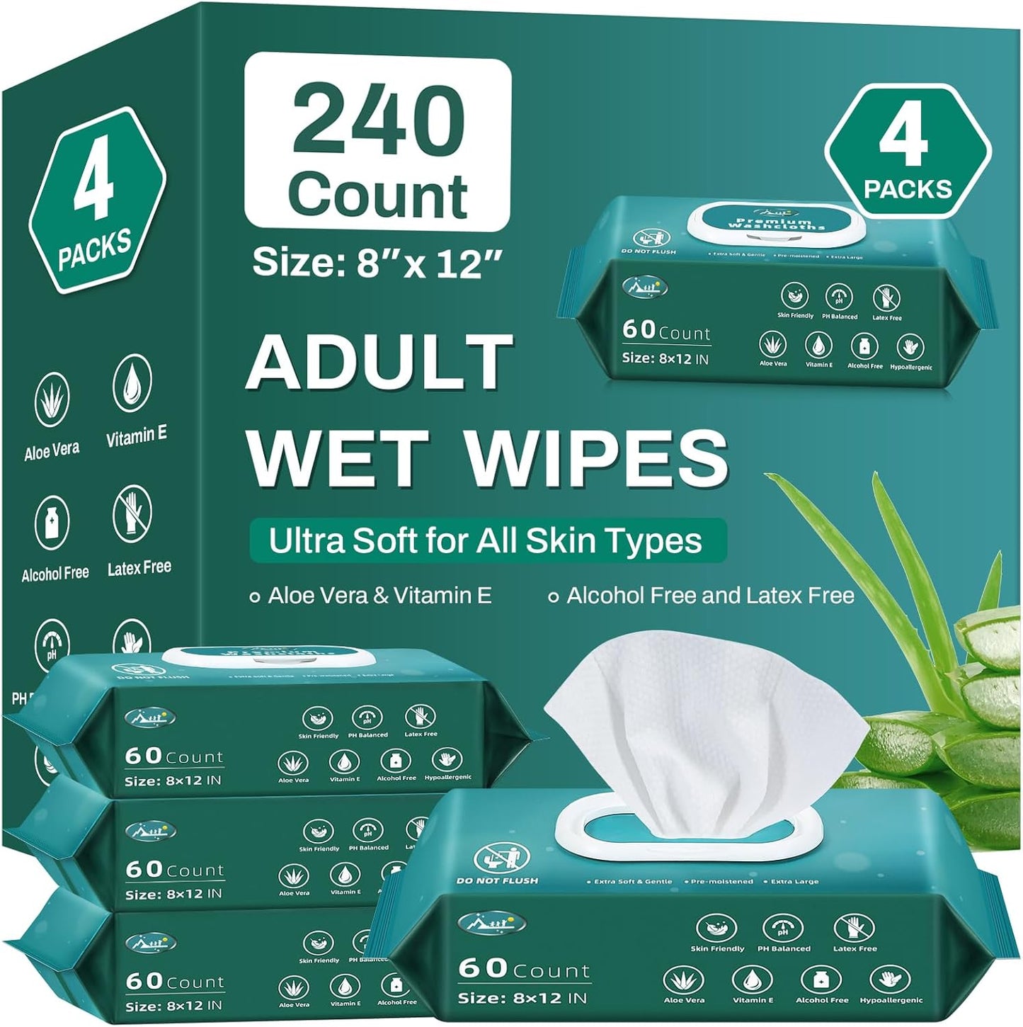 [240 Count] Adult Wipes for Elderly, 8" x 12" Extra Large Adult Wipes for Incontinence & Cleansing - Disposable Washcloth for Elderly Bathing No-Rinse - Vitamin E & Aloe