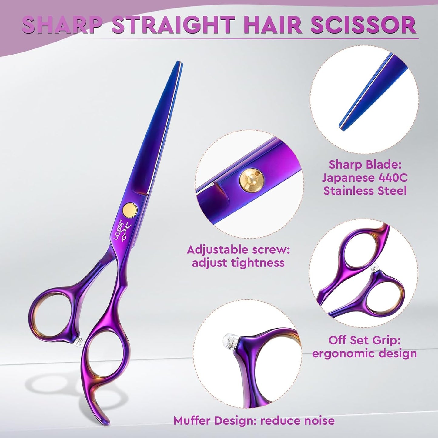 JASON Hair Scissors Professional - 10 PCS Haircut Scissors Set, Thinning Shears for Hair Cutting with 30 Teeth, Straight Shears for Men Women Home Salon Barber (6.7", Purple)