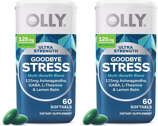 OLLY Ultra Strength Goodbye Stress Softgels, GABA, Ashwagandha, L-Theanine and Lemon Balm, Stress Relief Supplement - 60 Count (Pack of 2)
