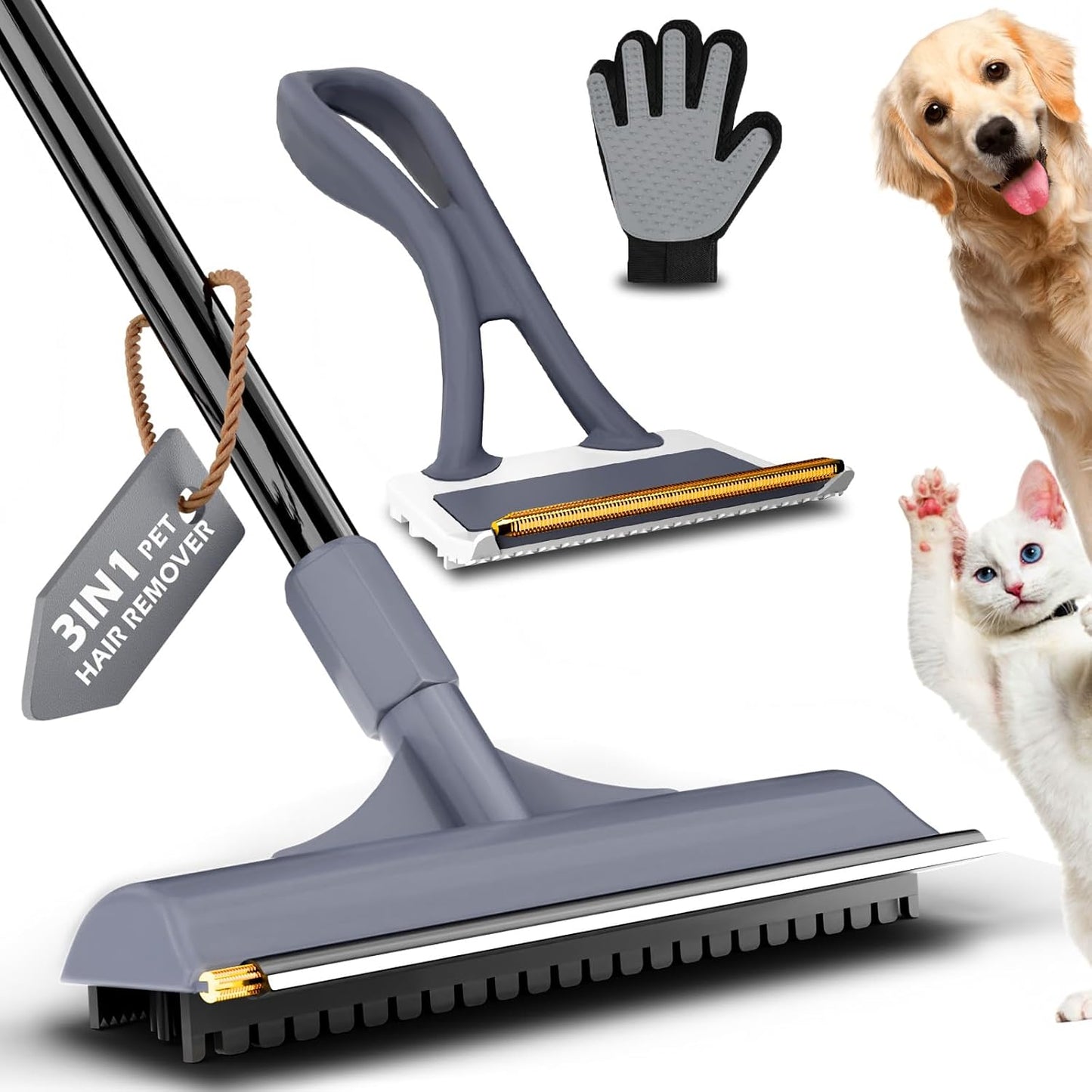 Carpet Rake for Pet Hair Removal - 3 in 1 Pet Hair Remover Tool with 58" Adjustable Long Handle,Reusable Dog & Cat Carpet Scraper,Pet Hair Remover for Rugs,Mats,Couch,Curtains(Gray)