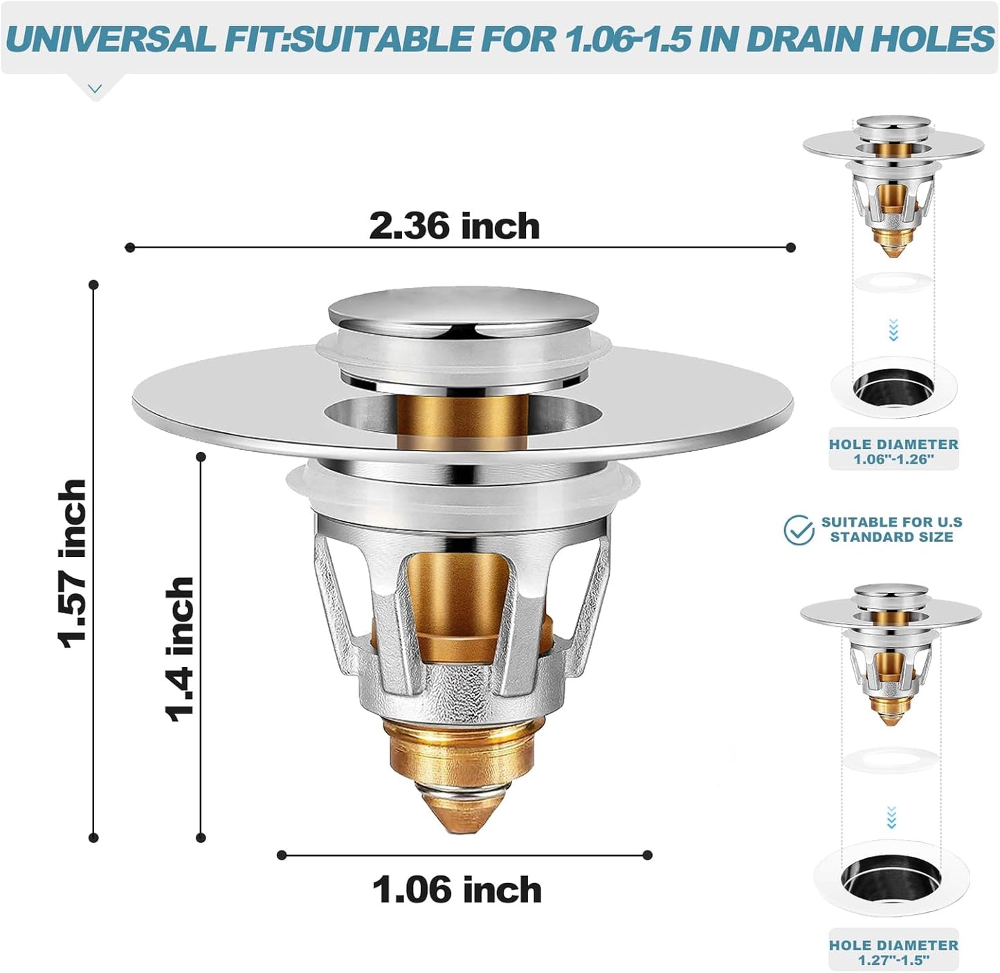SHAP+ Universal Bathroom Sink Stopper, Fits 1.06-1.5 Inch, Premium Basin Pop Up Sink Drain Strainer, Anti-Leakage and Clogging, with Hair Catcher, Made Brass, Chrome Plated
