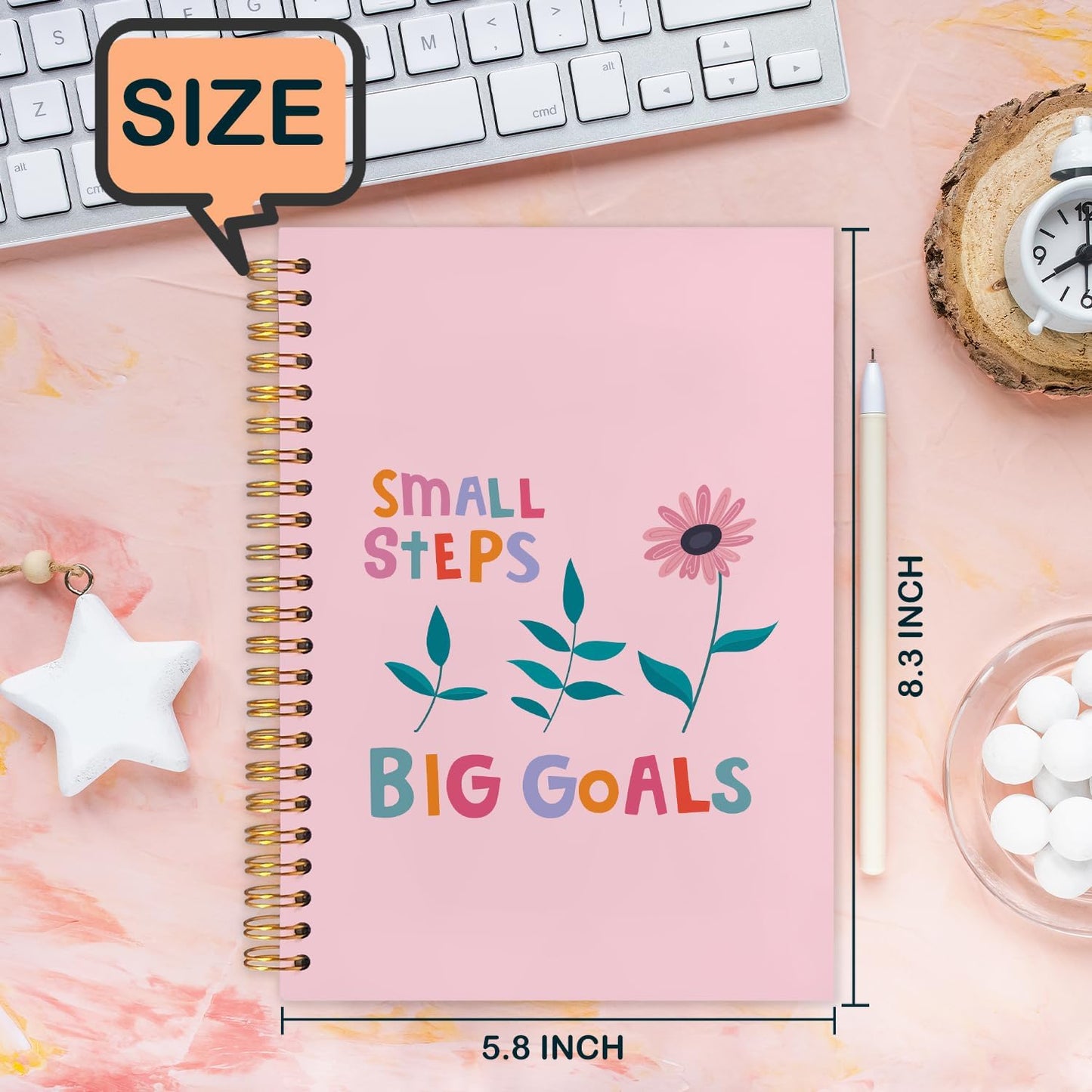 Pink Floral Inspirational Spiral Journal Notebook 5.5x8.3in, Small Steps Big Goals Mental Health Journal for Women, Motivational Notebooks for Note Taking, Pink Flower Hardcover Notebook