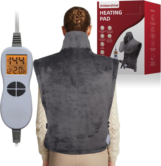 Ambershine 26"x35" XXXL King Size Neck& Shoulder& Back Heating Pad with 12 Temperature Settings& 4 Auto-Off Countdown Timers, Pain Relief for Back/Neck/Shoulder, Christmas gift for mom dad (Dark Gray)