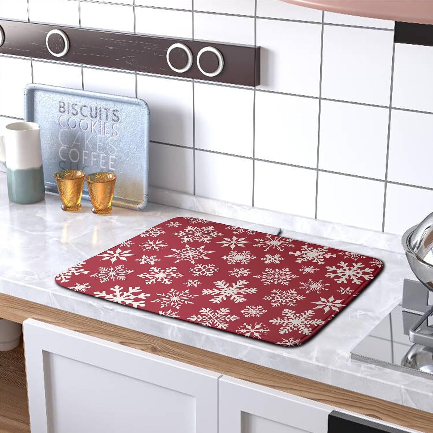 Christmas Snowflakes Dish Drying Mat for Kitchen Counter 16x18 Inch Red White Winter Xmas Pattern Dish Drying Pad for Dishes Microfiber Absorbent Dish Drainer Rack Mats for Countertop