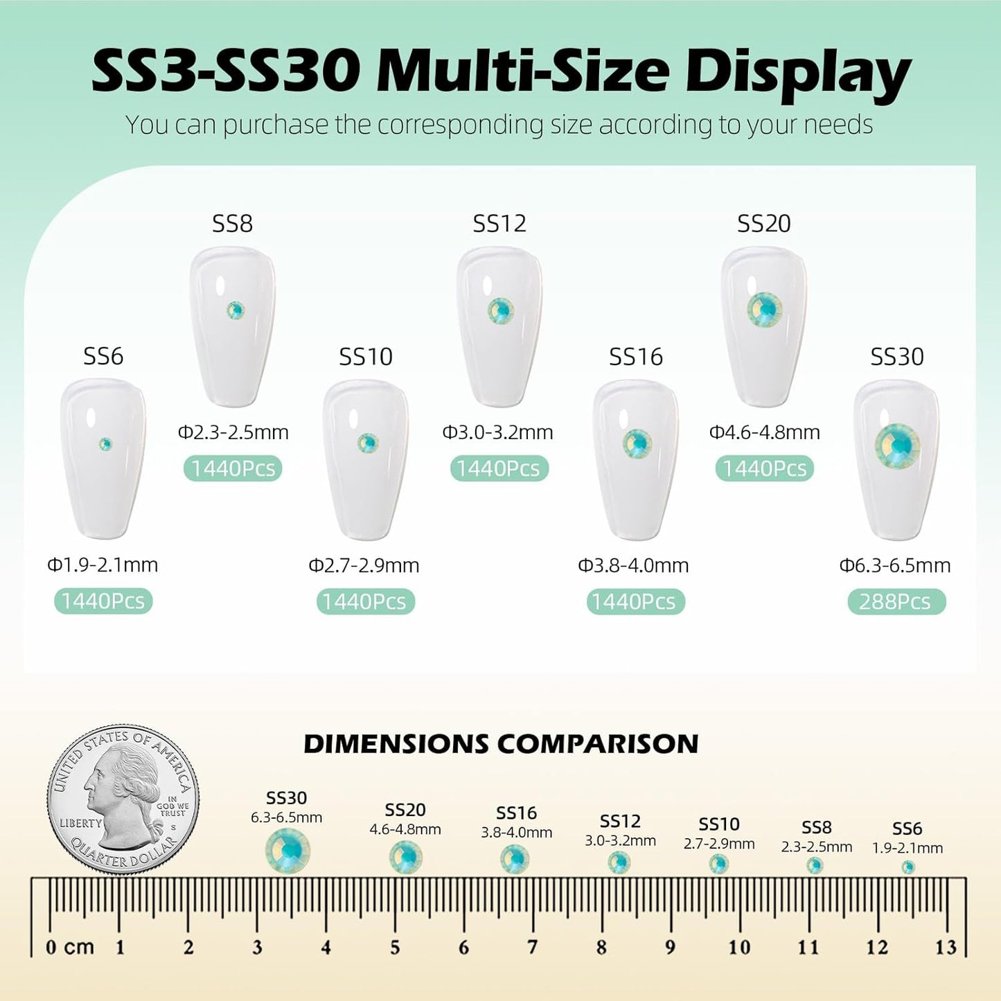 F Light Green Flatback Rhinestones, Glass Rhinestones for Nail Art and Craft, Glue Fix, Loose Crystal Gemstones(F Light Green, SS12, 1440pcs, 2.9-3.0mm)