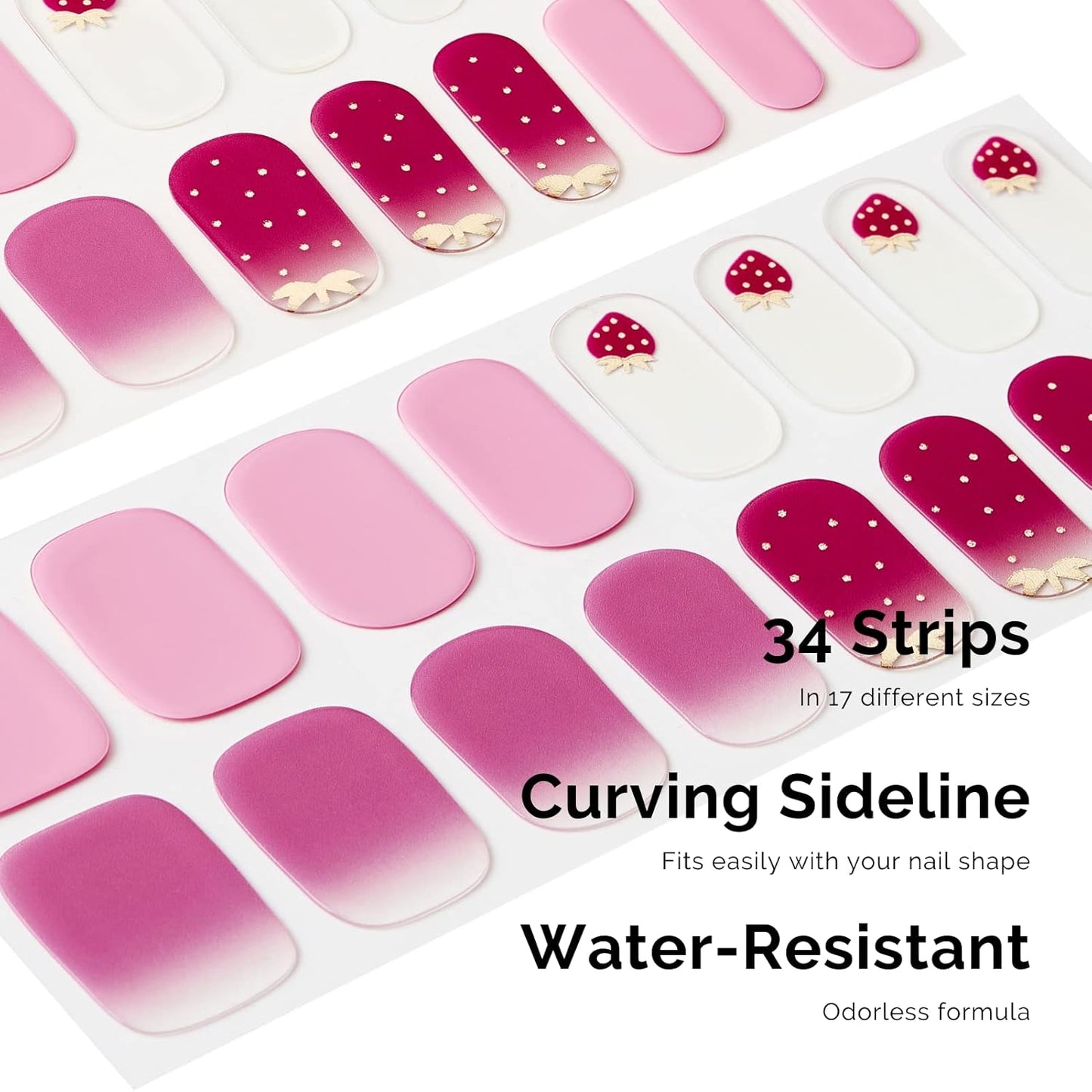 NAILOG Semi Cured Gel Nail Strips, 34 pcs Salon-Quality Gel Nail Stickers, Long Lasting Nail Wraps for Women with Soft Gel Finish | Strawberry Love