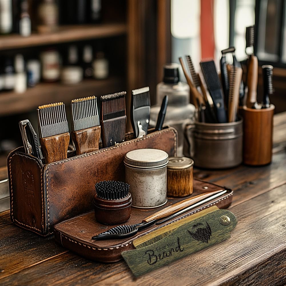 CHGCRAFT Fear the Beard Folding Wooden Comb Foldable Beard Comb Carved Wooden Combs Fine Tooth Hair Combs with Imitation Leather Carrying Pouch for Men Grooming Mustaches Head Hair Husband Gift