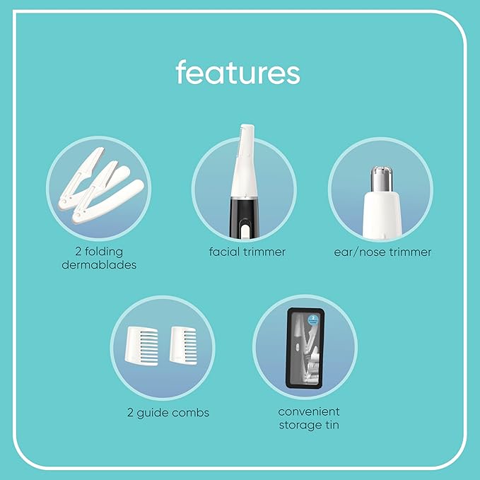 Conair GIRLBOMB All-in-1 Facial Hair Trimmer for Women - 9 Piece Kit with 2 Dermablades - Perfect for Face, Ear/Nose and Eyebrows - Battery-Powered