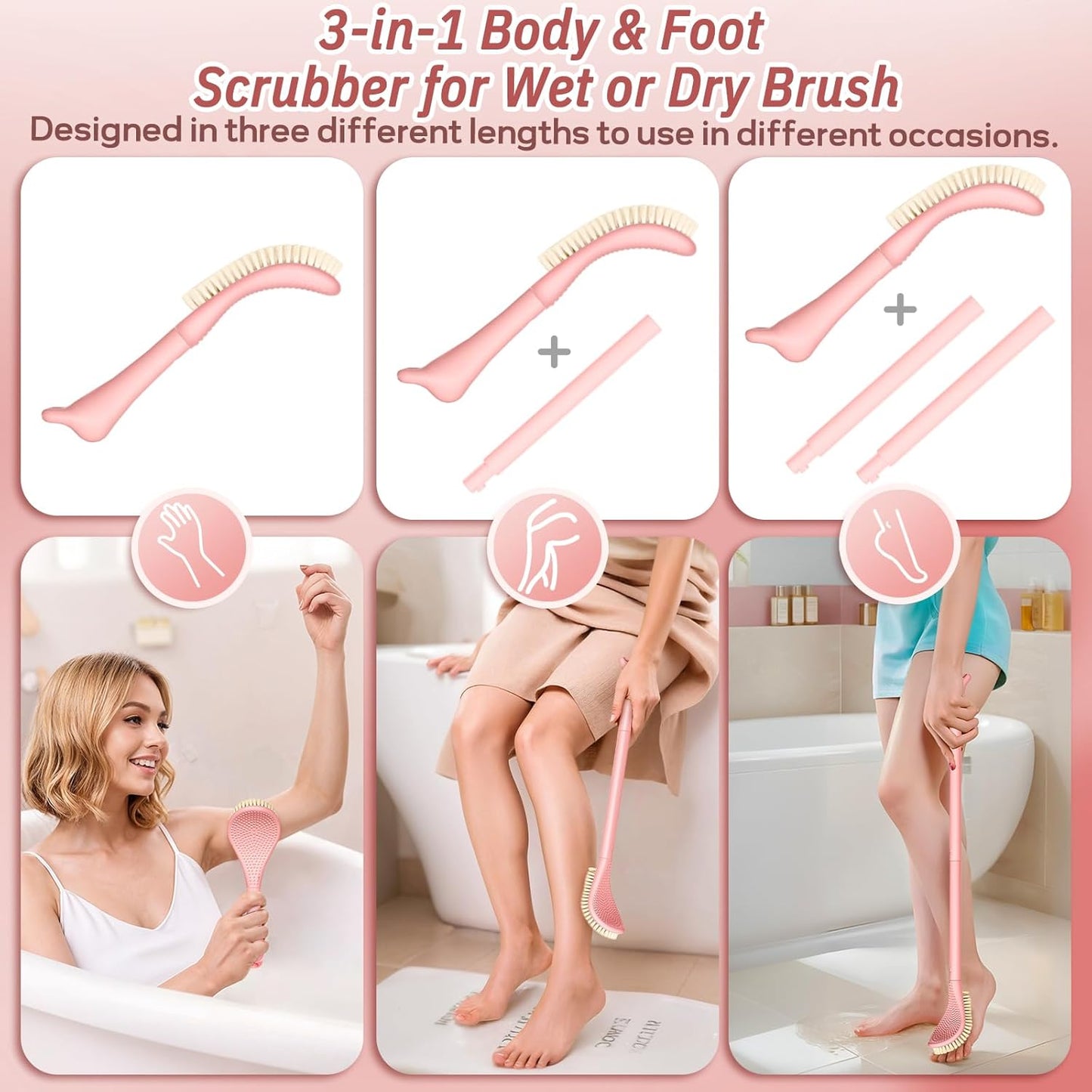 New Foot Brush with Extra-Long Handle, 3-in-1 Foot Scrubber for Wet or Dry Brushing, Adjustable 10.2’’- 27.5’’Foot Scrub Brush for Senior, Pregnant, Disabled, or Injured, Gift-Box Packed(Pink)
