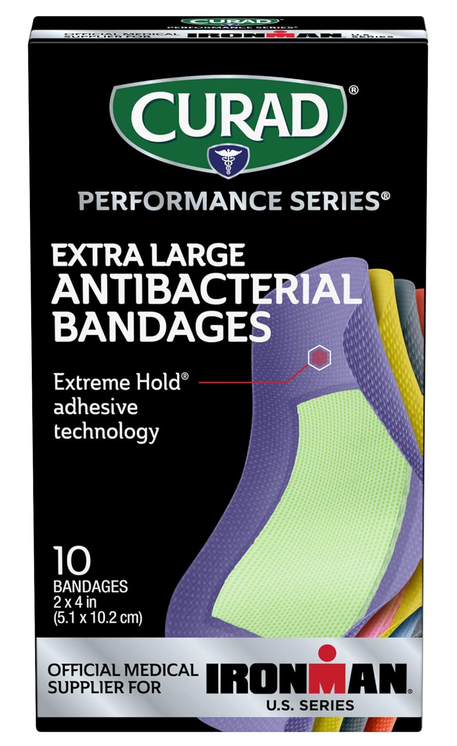 CURAD Performance Series IRONMAN Antibacterial Bandages, Extreme Hold Adhesive Technology, Extra Large Flexible Fabric Bandages for Cuts, Scrapes, & Burns, Assorted Colors, 2 x 4 inches, Pack of 3