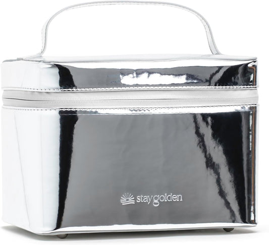Large Insulated Metallic Silver Travel Makeup Case - Waterproof Vegan Leather Beauty Travel Skincare Bag - Heat-Resistant Zippered Designer Makeup Bag Shields Cosmetics from Melting, Freezing