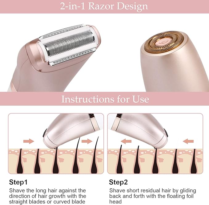 Electric Razor for Women - Painless 2-in-1 Shaver for Women Hair Remover for Face, Legs and Underarm Wet & Dry, Portable Bikini Trimmer, Lady Hair Removal with 2 Trimmer Heads- Micro USB Recharge