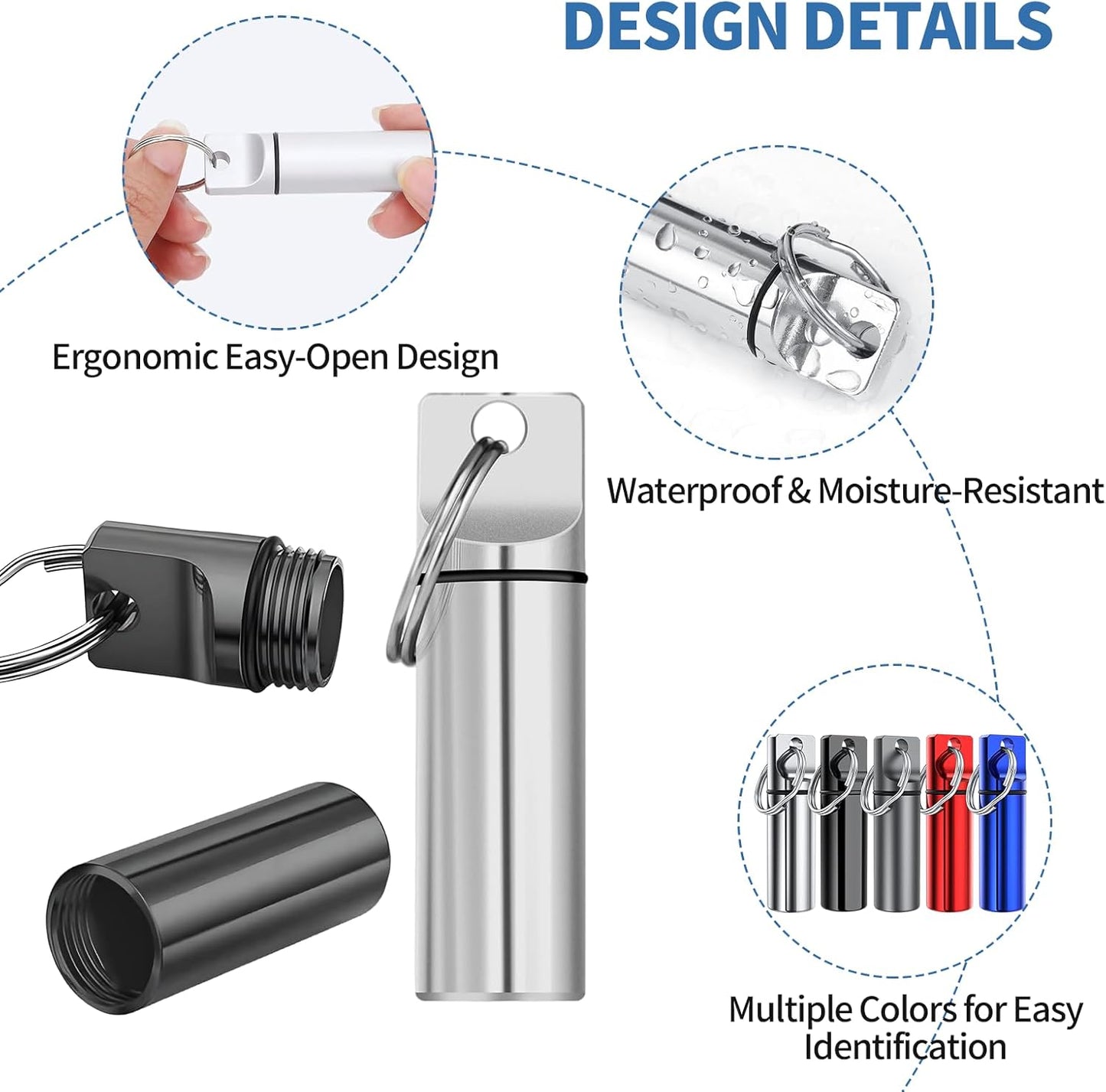 5 Packs Pill Case Keychain, Aluminum Alloy Mini Portable Pill Bottle, Waterproof Keychain Pill Holder for Purse, Pill Holder with Keyring for Outdoor Camping Travel(5 Colors)