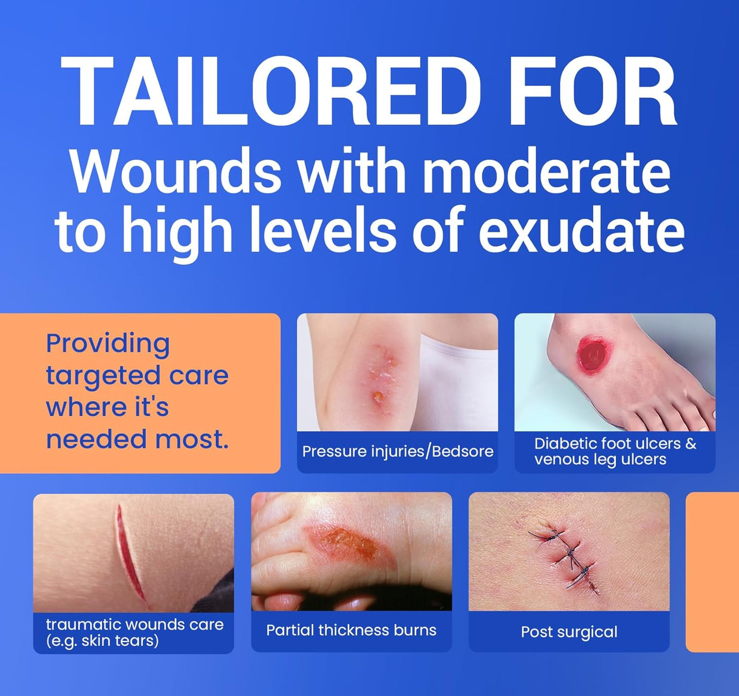 Large Waterproof Bandages 2"X5" Silicone Foam Dressing for Sensitive Skin Wound Care, 10 PCS, Adhesive Cohesive Pad with Border for First Aid, Post Surgical and Trauma Care, Sore, Burn, Pressure